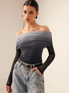 Commense Off-Shoulder Ombre Gray to Black Top